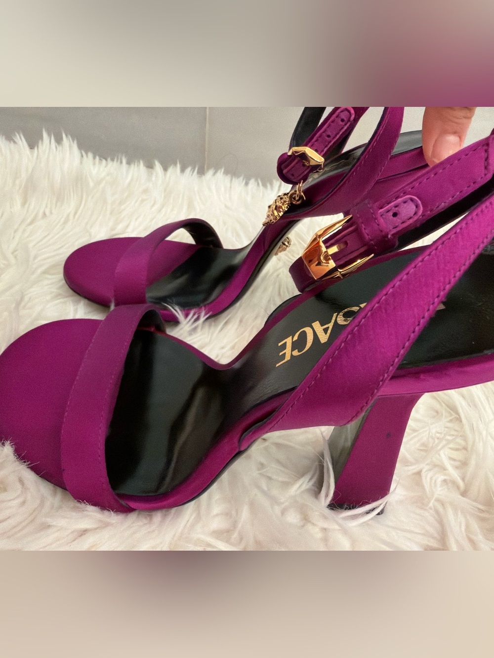 Versace Purple Fuchsia Block-Heel Sandals with Gold Hardware- NEW 36